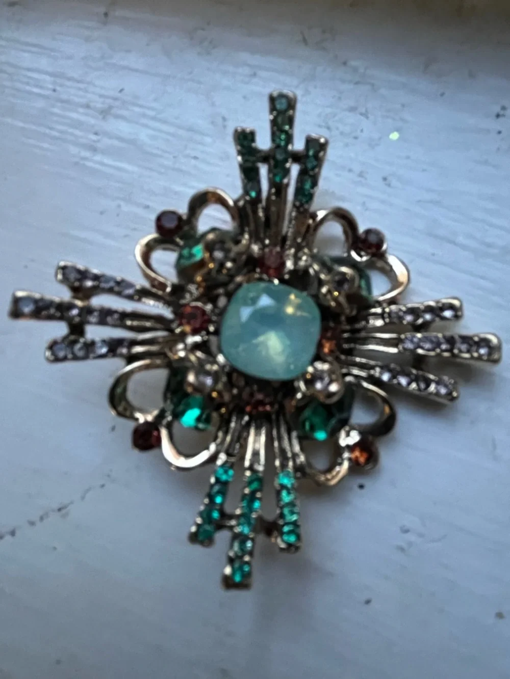 Teal and Emerald Vintage-Inspired Crystal Brooch